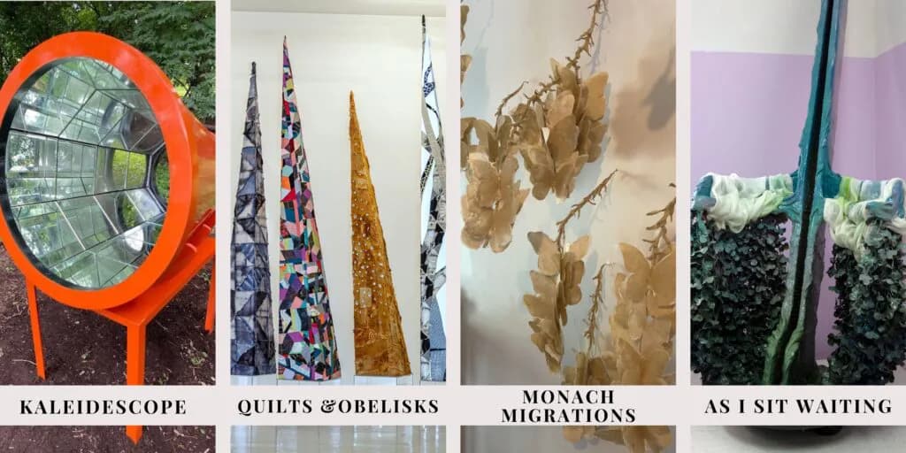 Four mixed-media artworks displayed: an orange kaleidoscope viewer, colorful quilted fabric panels, dried botanical wall arrangement with golden-tan tones, and an indoor green-bordered installation piece.