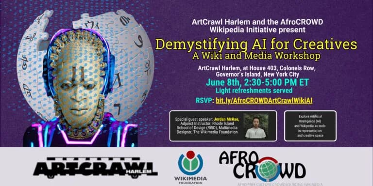Event poster for "Demystifying AI for Creatives" workshop by ArtCrawl Harlem and AfrocROWD featuring purple abstract AI imagery and yellow text on dark background.