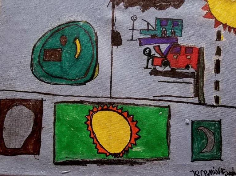 Mixed-media drawing on paper with geometric shapes, green circles, colorful vehicles, a yellow sun with red rays, and hand-drawn details on white background.