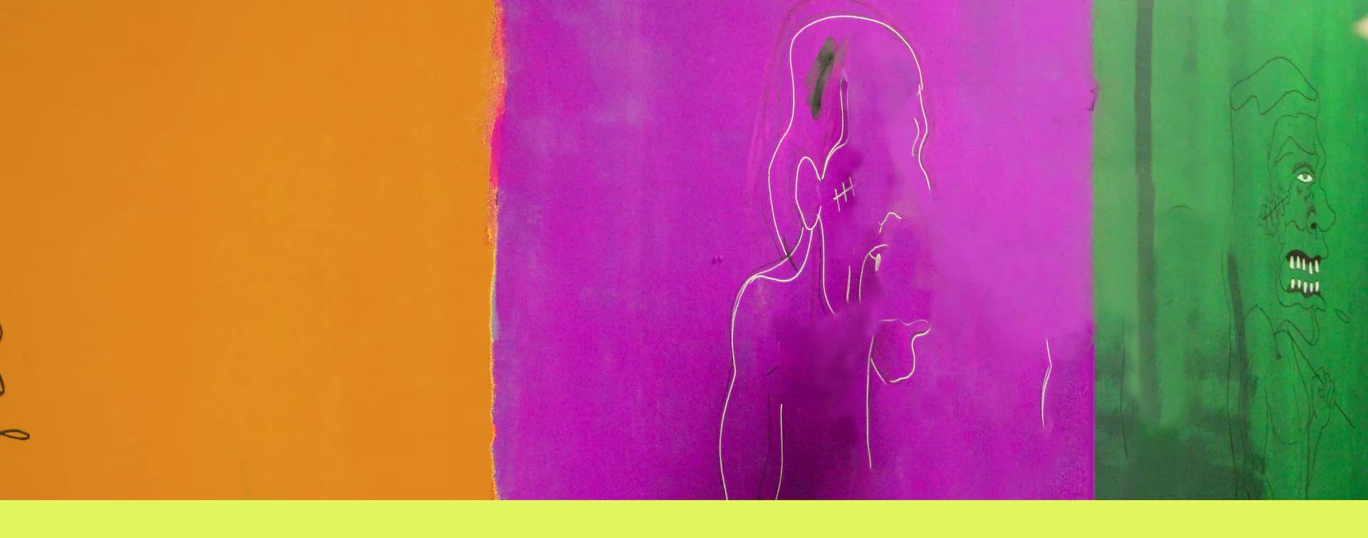 Neon-outlined figure in profile against vibrant color-blocked panels of orange, magenta, yellow, and green.