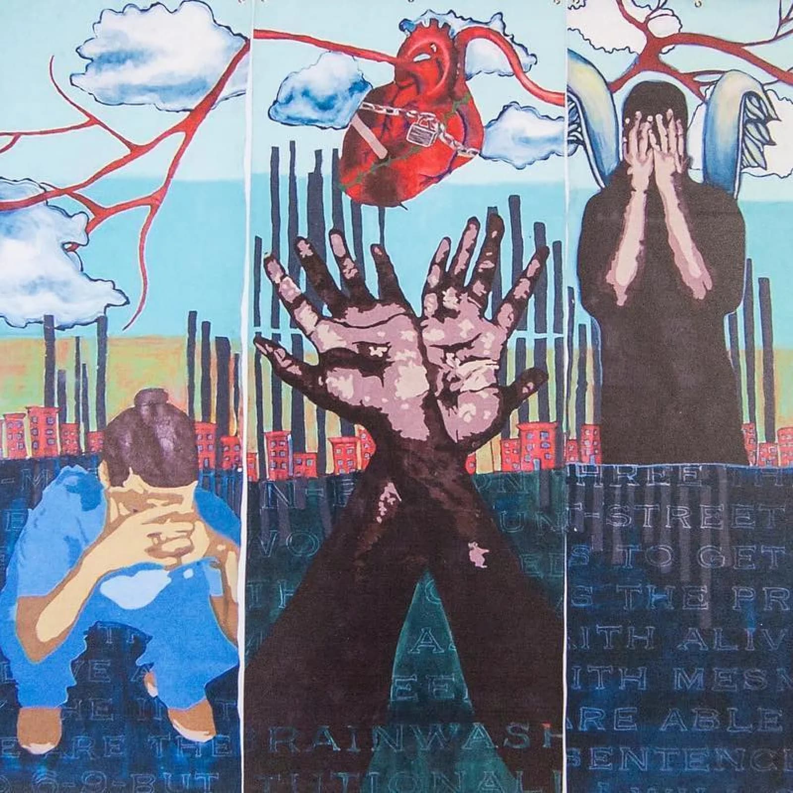 Mixed-media collage with surreal imagery: giant hands, red heart forms, cacti, clouds, and figures against layered cityscape and sky.