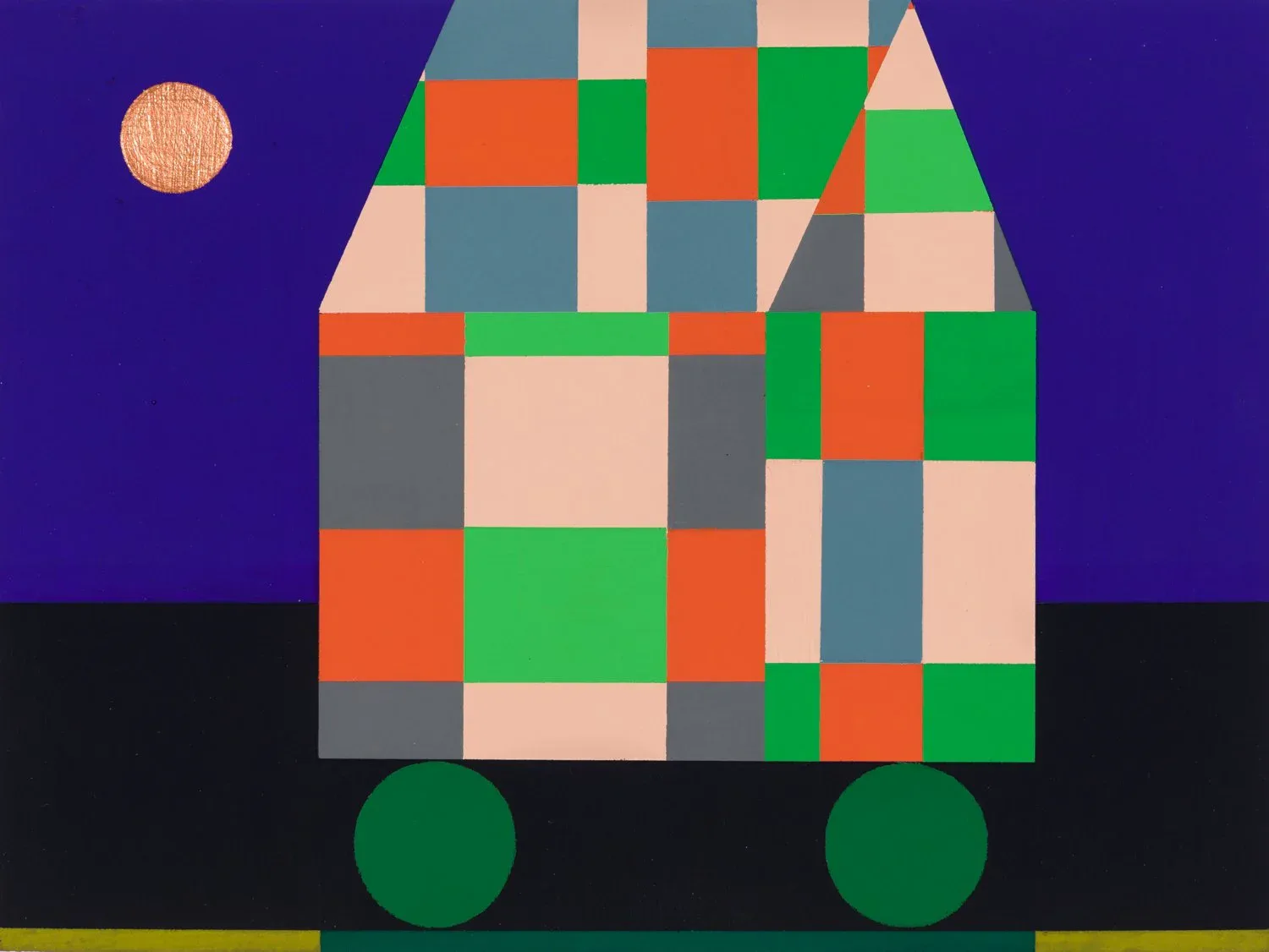 Colorful geometric house-shaped composition with interlocking squares in orange, green, gray, and peach tones on a purple background with dark wheels below.