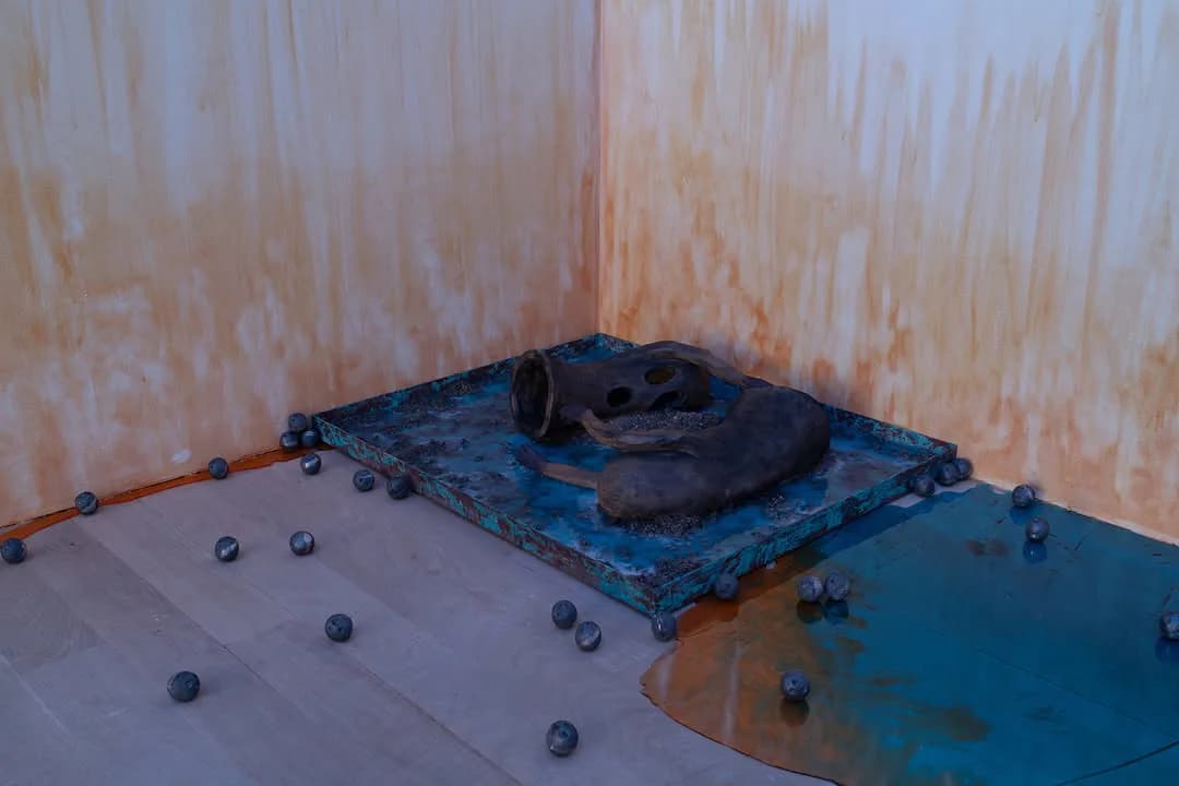 Abstract sculptural installation with rusty metal framework, blue corroded surface, dark spherical objects, and vertical striped backdrop in muted tones.