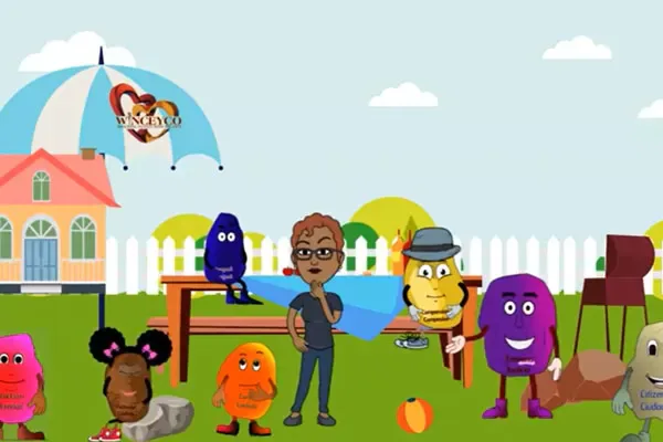 Colorful illustrated children's scene with diverse cartoon characters, a house, garden bench, and umbrella in a whimsical outdoor setting.