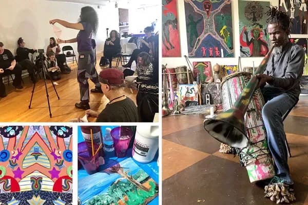 Collage of four photographs showing Arts Horizons participants in dance, skateboarding, visual art creation, and colorful artwork display.