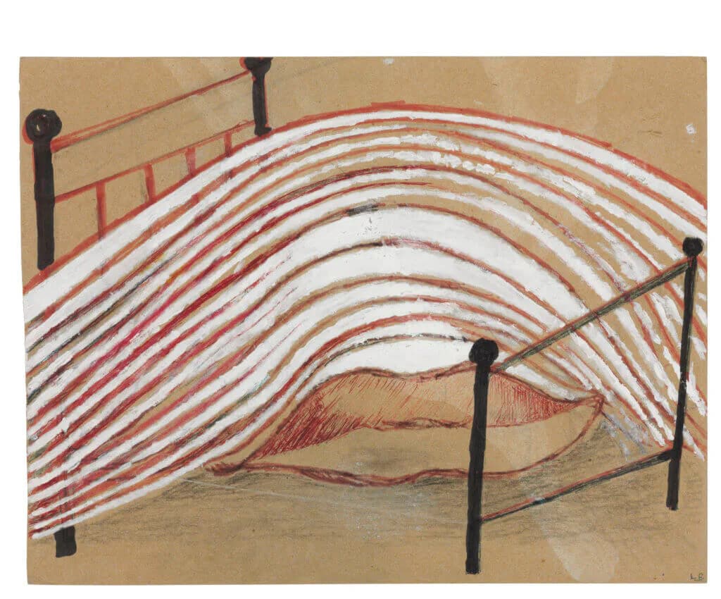 Mixed-media artwork on bed frame: abstracted human form in tan with red and white striped wave pattern above.