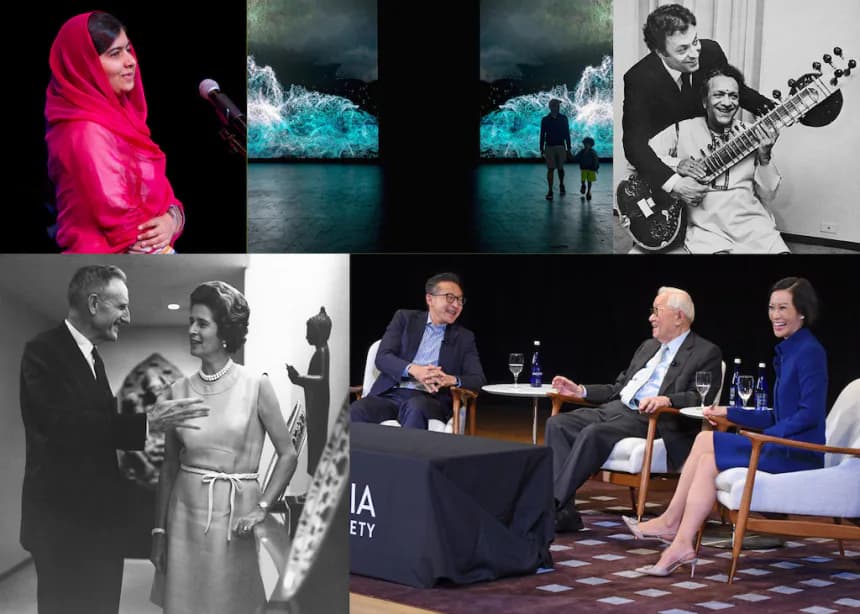 Collage of six photos including a woman in pink speaking at a microphone, an art installation with waves, a couple with a sitar, a vintage portrait, and a panel discussion at Asia Society