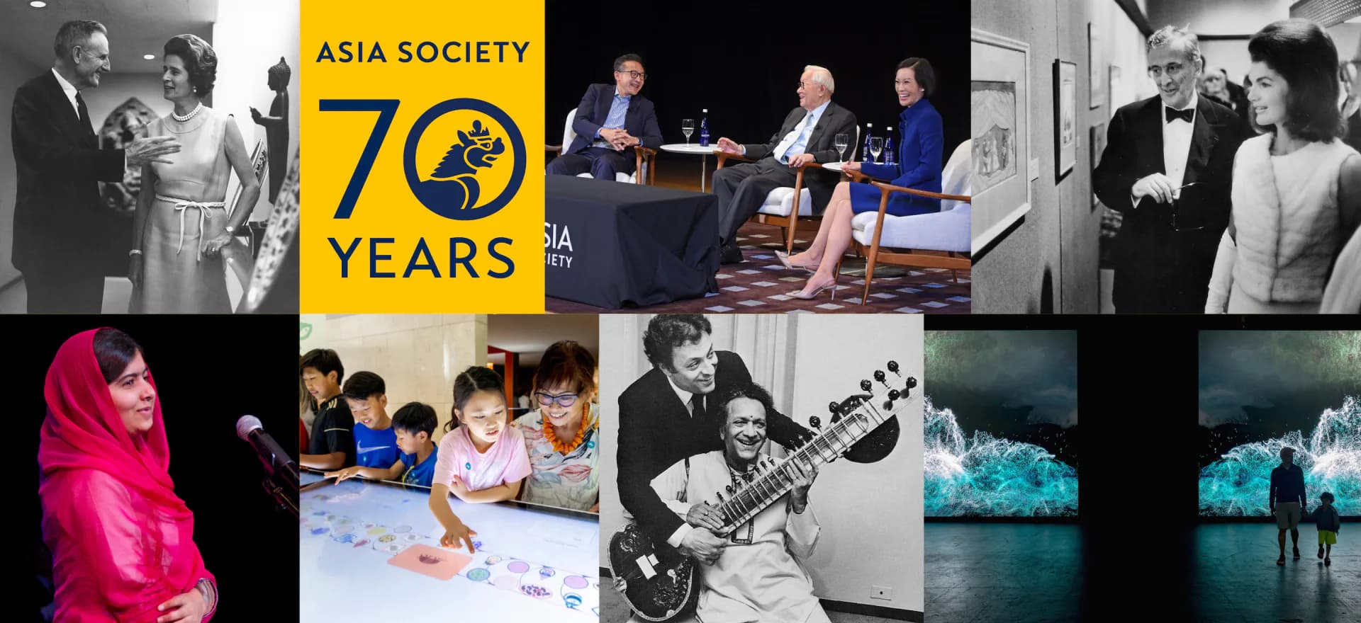 Collage grid featuring an Asia Society 70 Years logo alongside photos of a panel discussion, historical portraits, a child at an activity table, a couple with a sitar, and a wave art installation