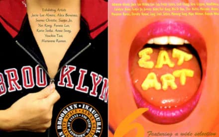 Mixed-media collage featuring a Brooklyn varsity jacket and a vibrant orange and pink mouth with yellow text reading 'EAT ART'.