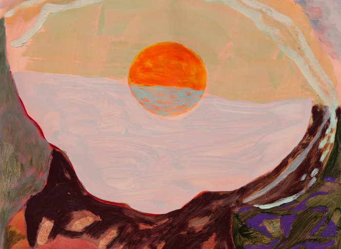 Abstract painting with warm earth tones, an orange sun or circle in the center, and organic dark brown forms suggesting a landscape or geological composition.