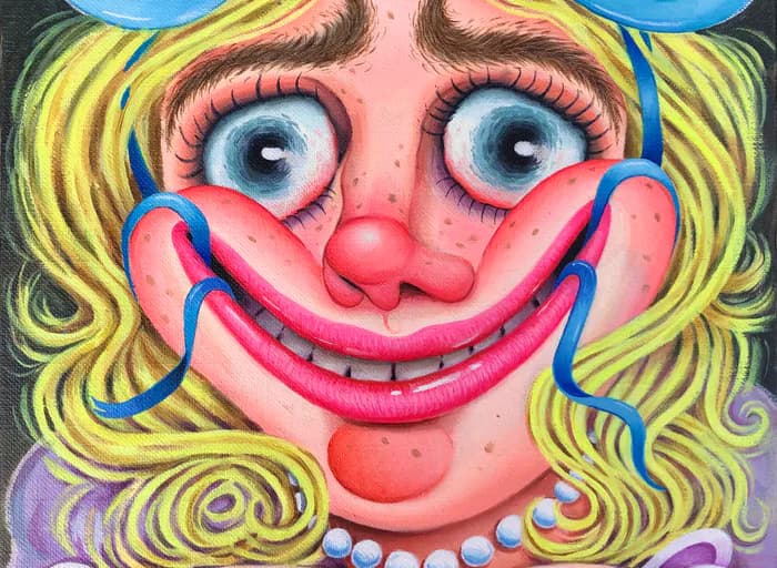 Vibrantly colored portrait with exaggerated clown-like features: bright pink smile, large blue eyes, yellow curled hair, red nose, and colorful makeup on a pink face.