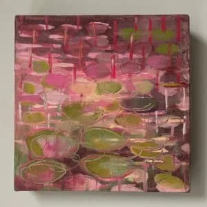 Abstract painting with pink and mauve background covered with green and yellow geometric rectangular shapes, oil or acrylic on canvas.