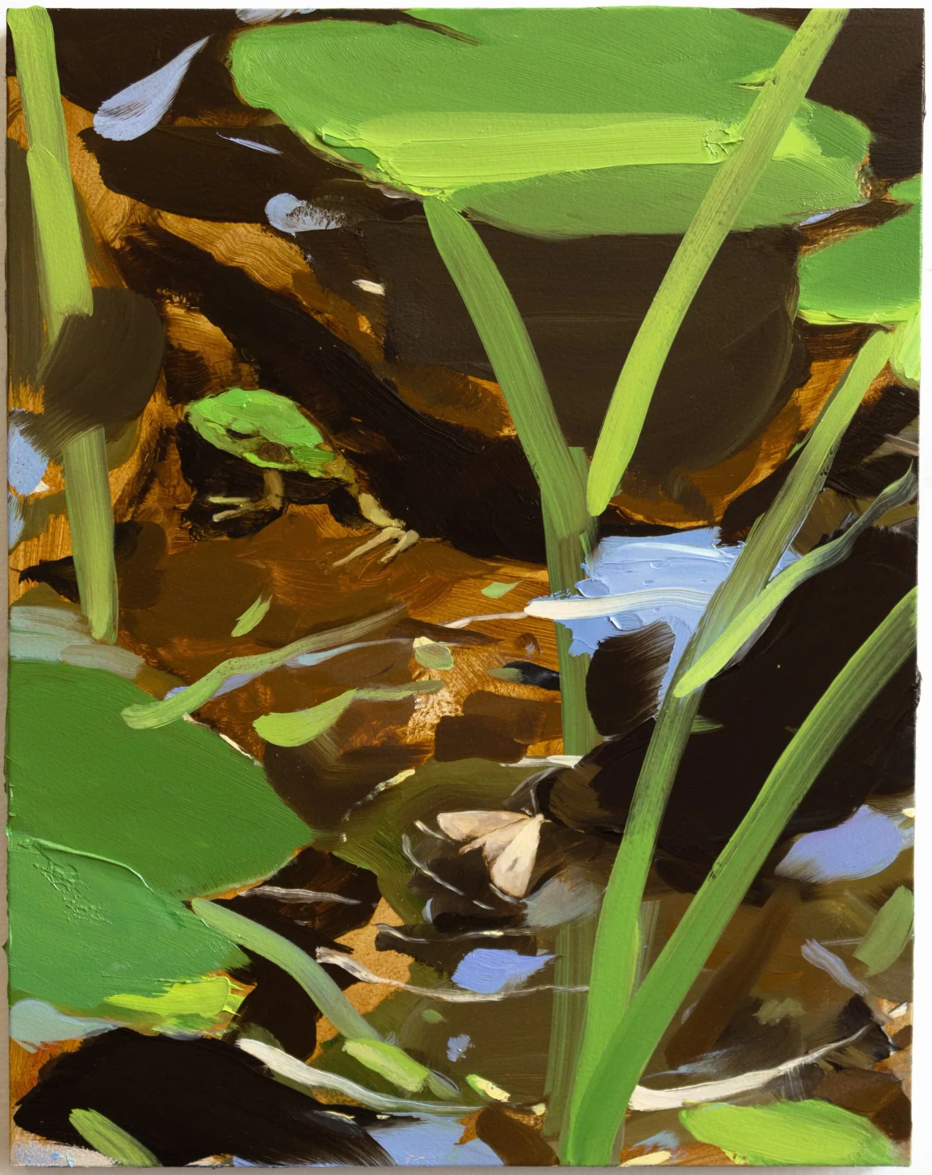 Abstract painting with bright lime-green stems or reeds crossing through dark water, reflecting warm browns and golds with touches of pale blue.