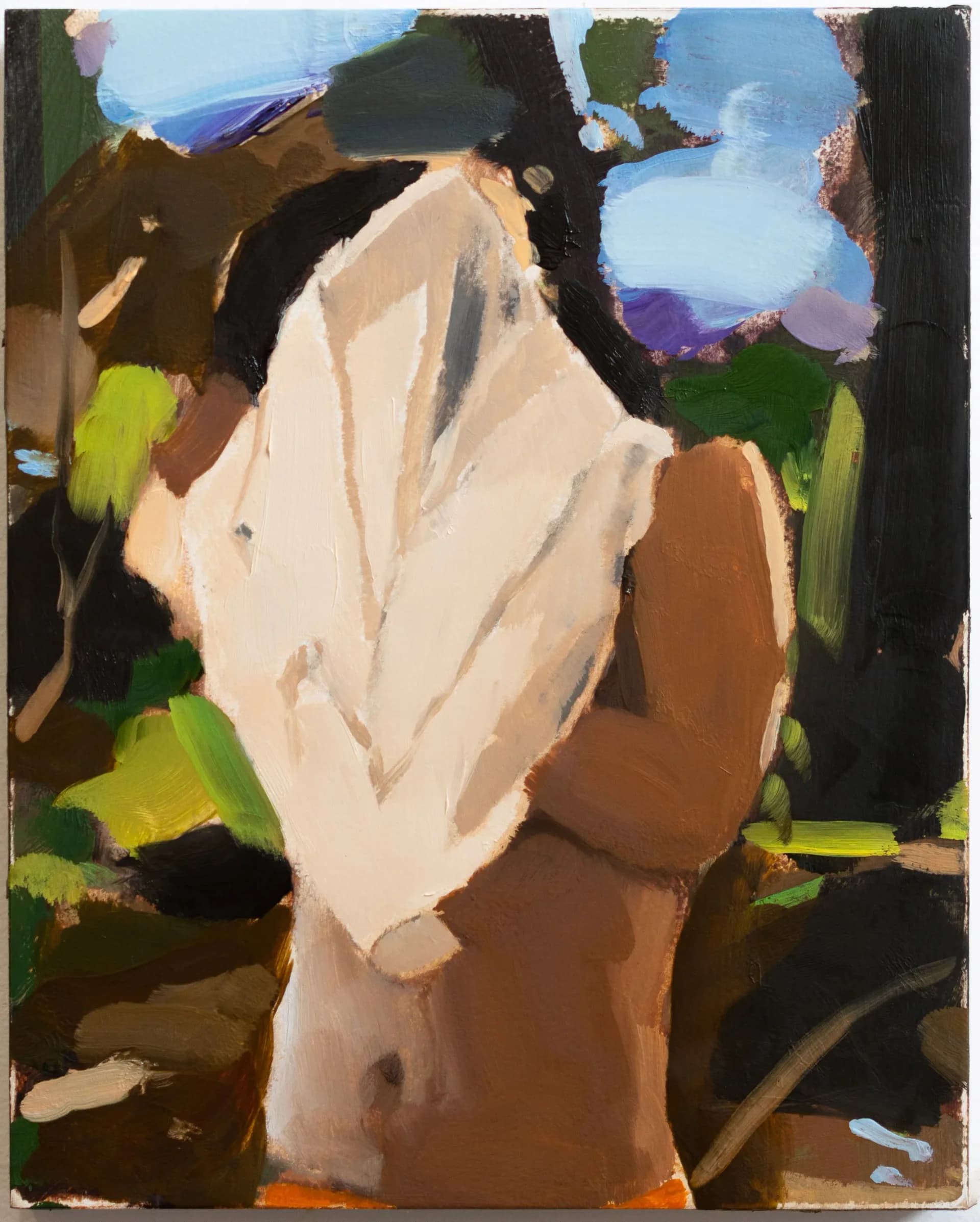 Figurative painting of a person holding white fabric, wearing warm brown tones, surrounded by lush green foliage and framed by dark branches.