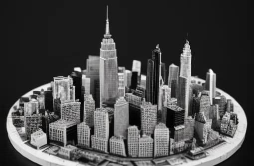 Monochromatic architectural model of Manhattan skyline with Empire State and Chrysler buildings centered on white platform.