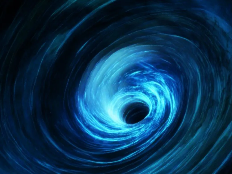 Abstract digital artwork depicting a luminous blue spiral vortex with glowing center against dark background.