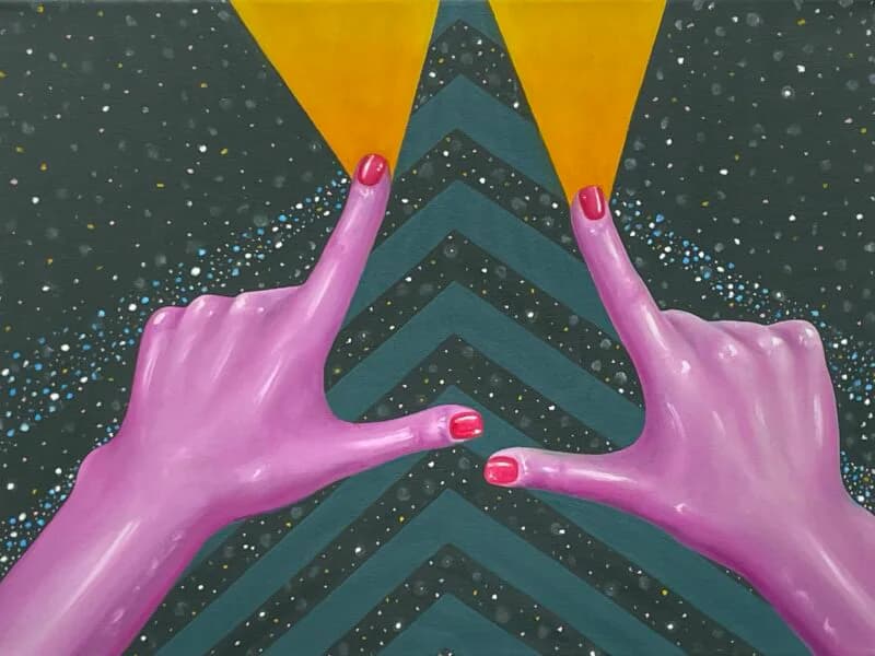Surreal 3D rendered artwork of two magenta hands with gold light beams against starry gray background.