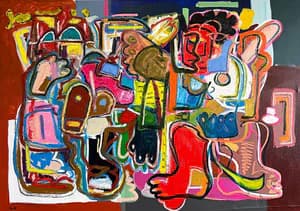 Vibrant abstract mixed-media composition with interlocking geometric shapes, figures, and bold colors including red, yellow, blue, and pink on white background.