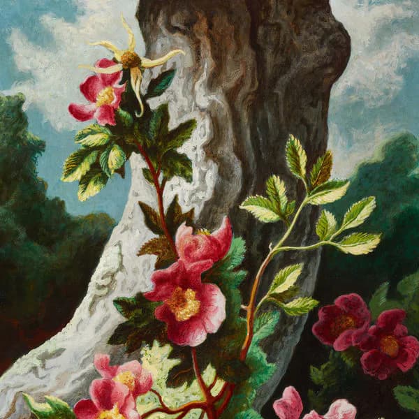 Red and pink roses climbing a white tree trunk against dark foliage, detailed oil painting with classical botanical style.