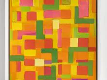 Abstract geometric painting with overlapping rectangles in yellow, red, orange, and green on a yellow background.