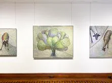 Gallery wall at Barbara Mathes Gallery showing three framed artworks: botanical studies and a central landscape piece on wooden floor.