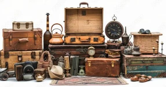 Still life composition of vintage travel items arranged on white background: leather suitcases, steamer trunk, copper vessels, pocket watch, hat, and decorative objects in warm brown tones.