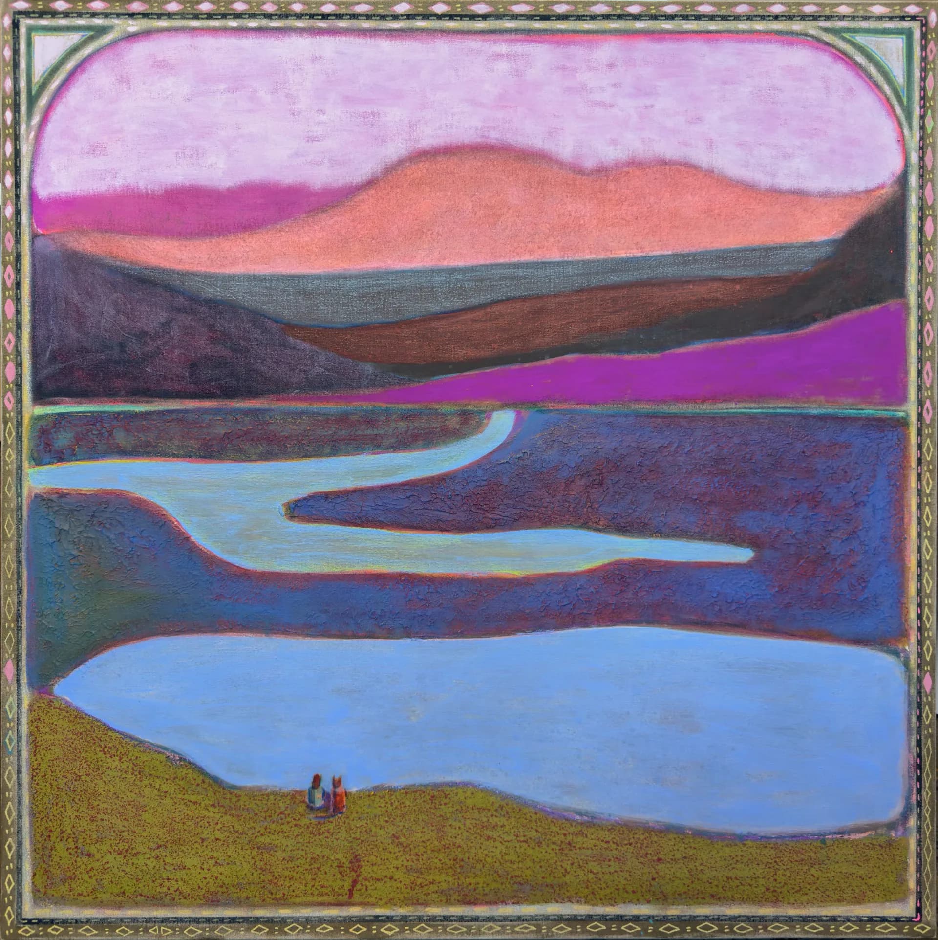 Framed abstract landscape with stacked horizontal layers of mountains and water in magenta, teal, blue, and gold, with two small figures on an olive-green hill.