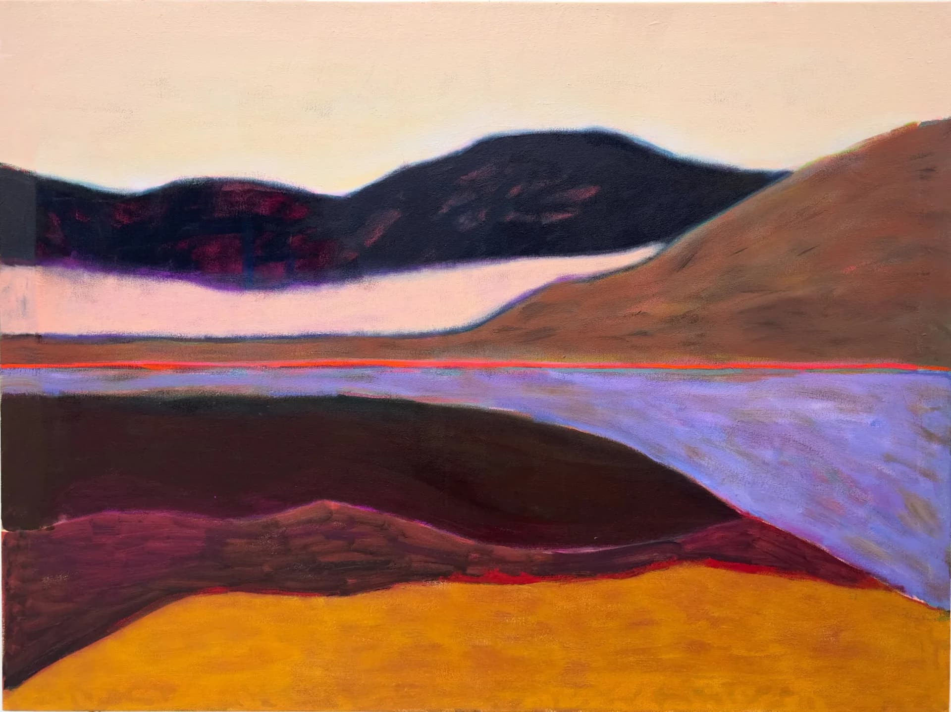 Abstract landscape painting with horizontal strata in pale pink, dark blue, burgundy, and gold, depicting layered mountains and water forms.