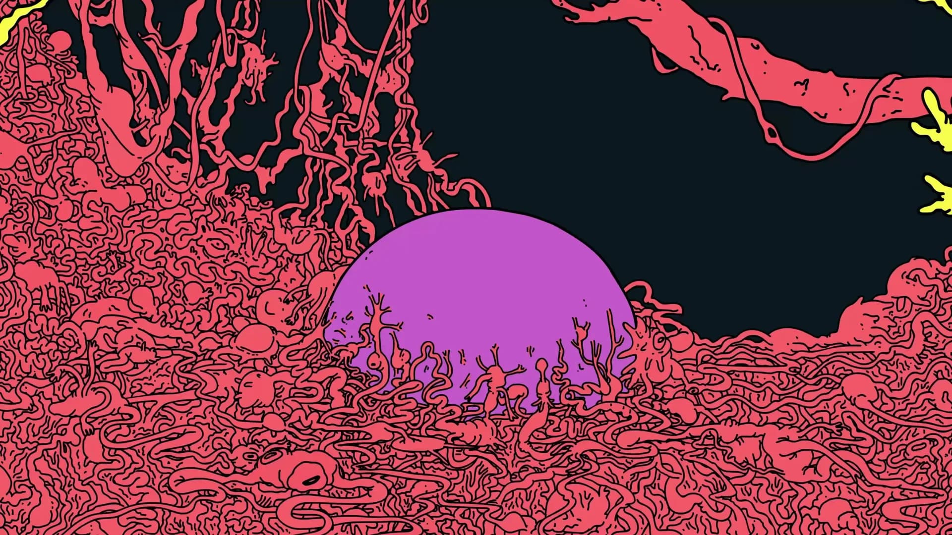 Surreal illustration with magenta sphere amid intricate coral-like red textures and yellow accents on dark background.