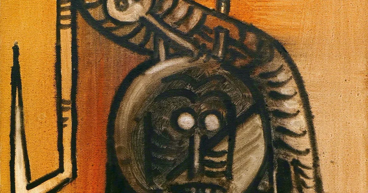 Abstract black line drawing of a skeletal or biomechanical form on warm orange-yellow background, mixed-media work.