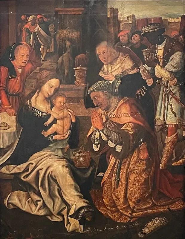 Renaissance altarpiece painting showing nativity scene with Madonna and Christ child surrounded by adoring figures and attendants in rich reds and golds.