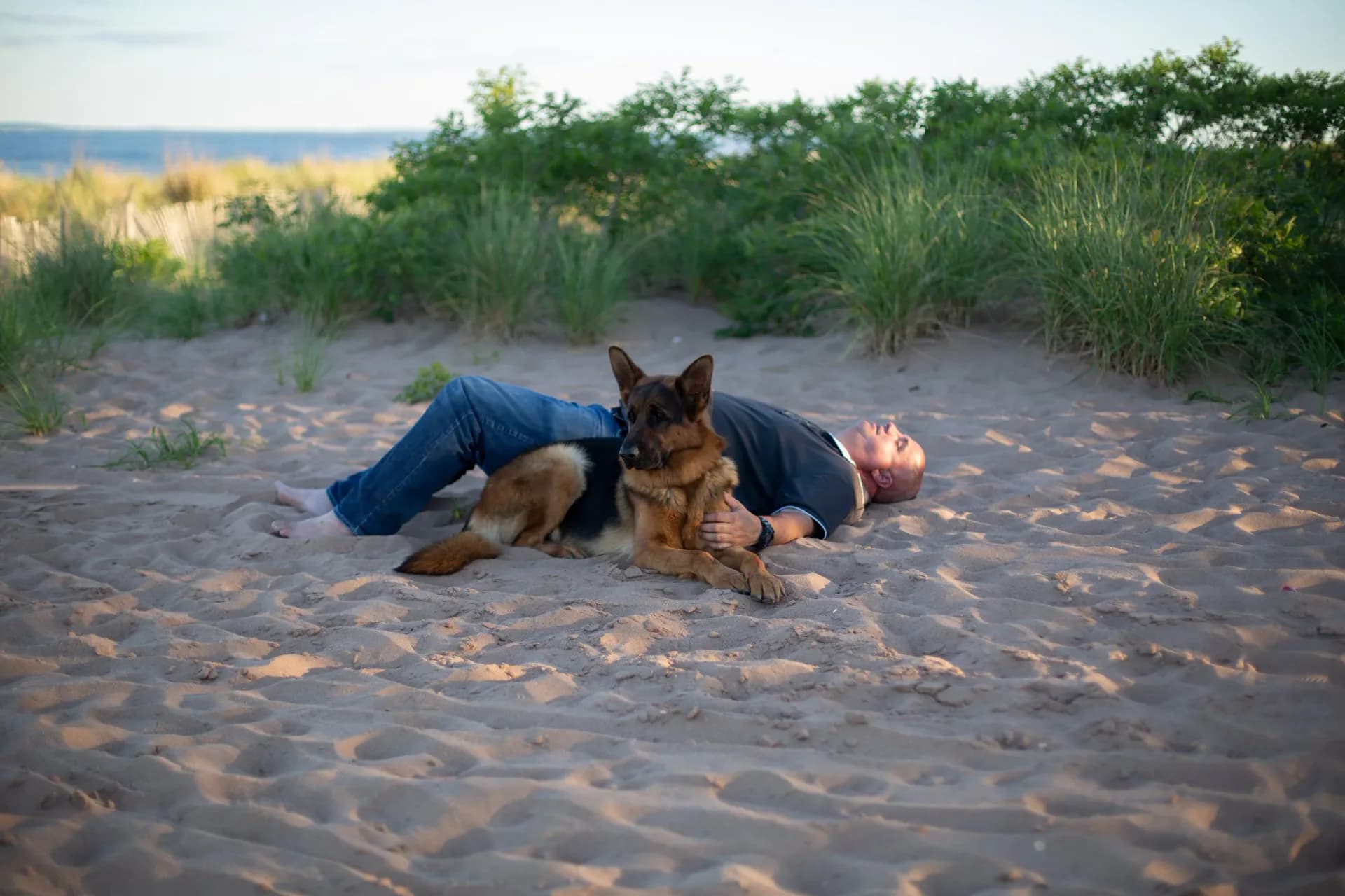 Photograph of person lying on sand with German Shepherd dog, beach vegetation and ocean visible in background at golden hour.