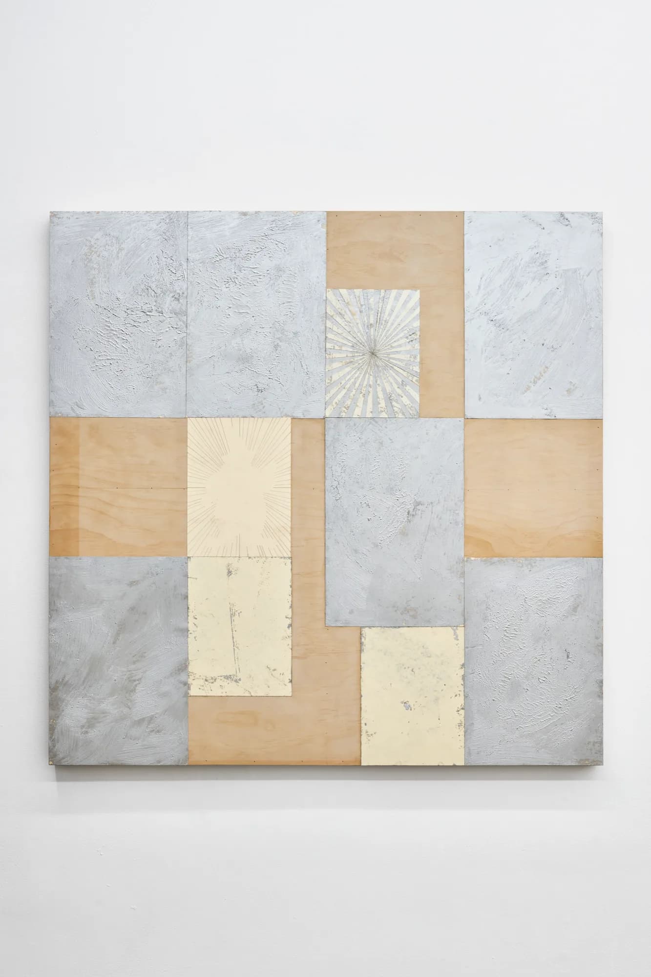 Blade Study collage combining squares of marble, natural wood, cream paper, and striped botanical print in asymmetrical composition on wood panel.