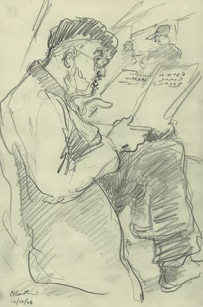 Ink sketch of two seated figures in profile with gestural hatching, signed and dated lower left, rendered on cream paper.