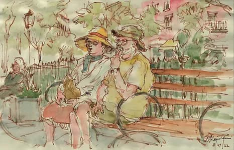 Watercolor and ink drawing of three figures in a park setting with trees and fence; figures wear period clothing including hats, in soft green and cream tones.