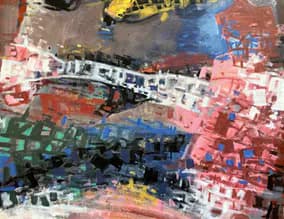 Abstract mixed-media composition with layered brushstrokes and collaged rectangular forms in red, blue, green, yellow, and black.