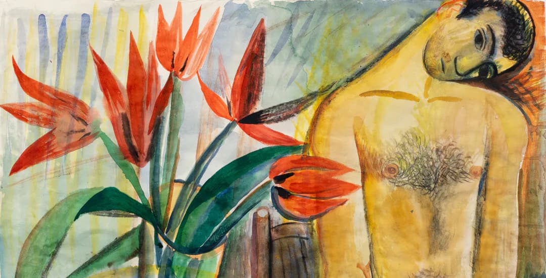 Mixed-media painting of a shirtless figure in yellow tones beside vibrant red and orange flowering plants with green stems and leaves.