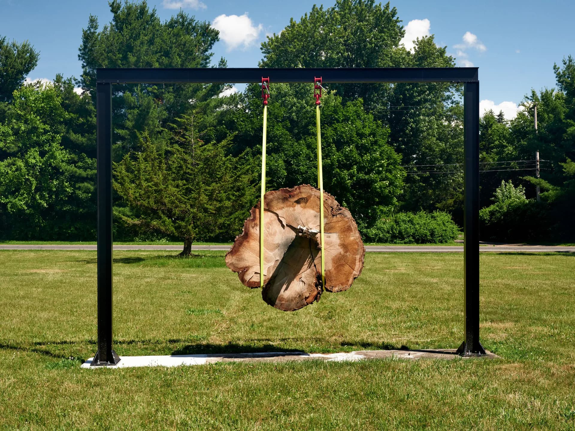 Large-scale sculpture: bronze or terracotta organic form suspended by ropes within a black steel frame structure, displayed outdoors on grass.
