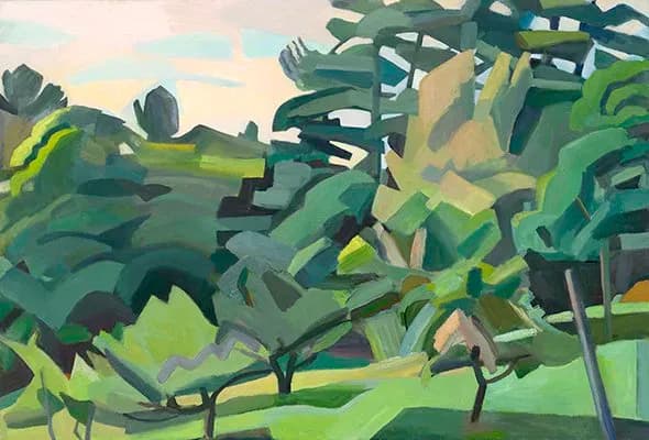 Landscape painting in greens and yellows depicting rolling hills with stylized trees and foliage under a pale sky.
