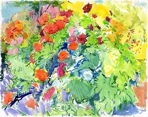 Vibrant floral painting with loosely rendered red, orange, pink, and yellow flowers amid green foliage and blue accents.