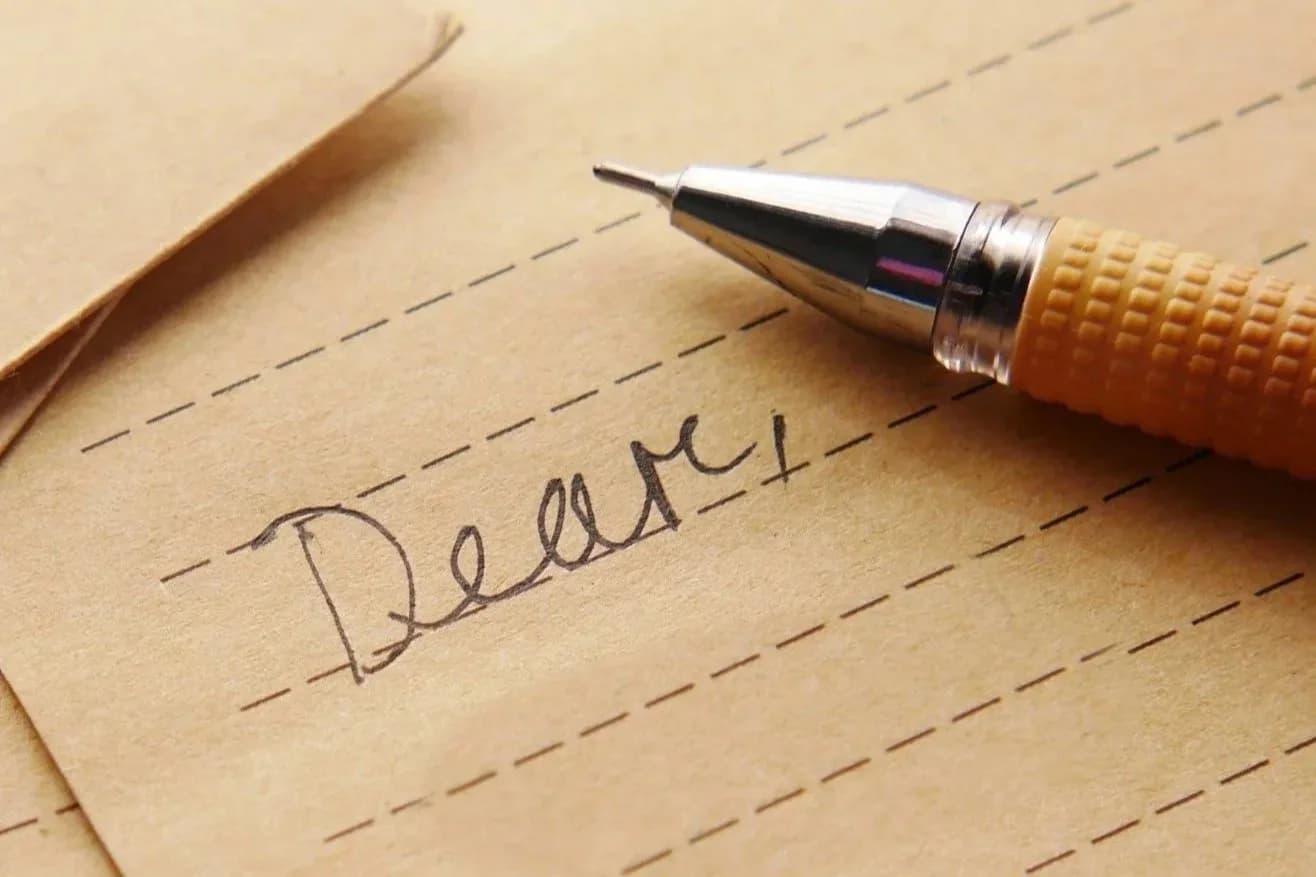 Photograph of handwritten cursive text reading 'Dear' on lined paper with fountain pen and brush, warm tan tones.