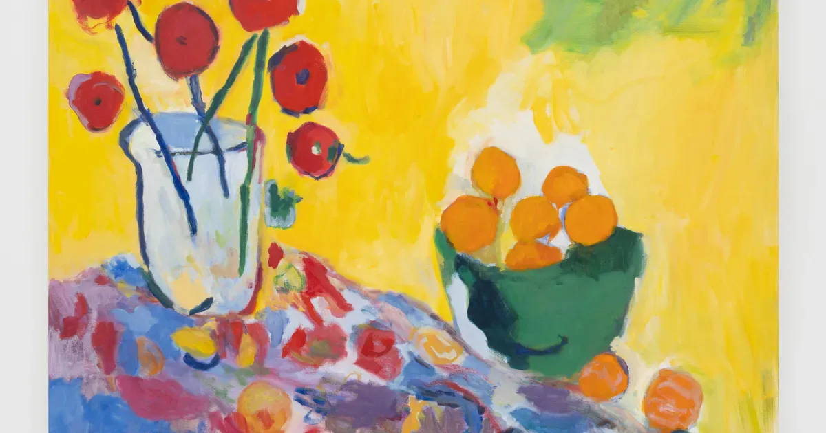 Expressionist still life painting with red flowers in white vase and orange fruits in green bowl on colorful patterned surface against yellow background.