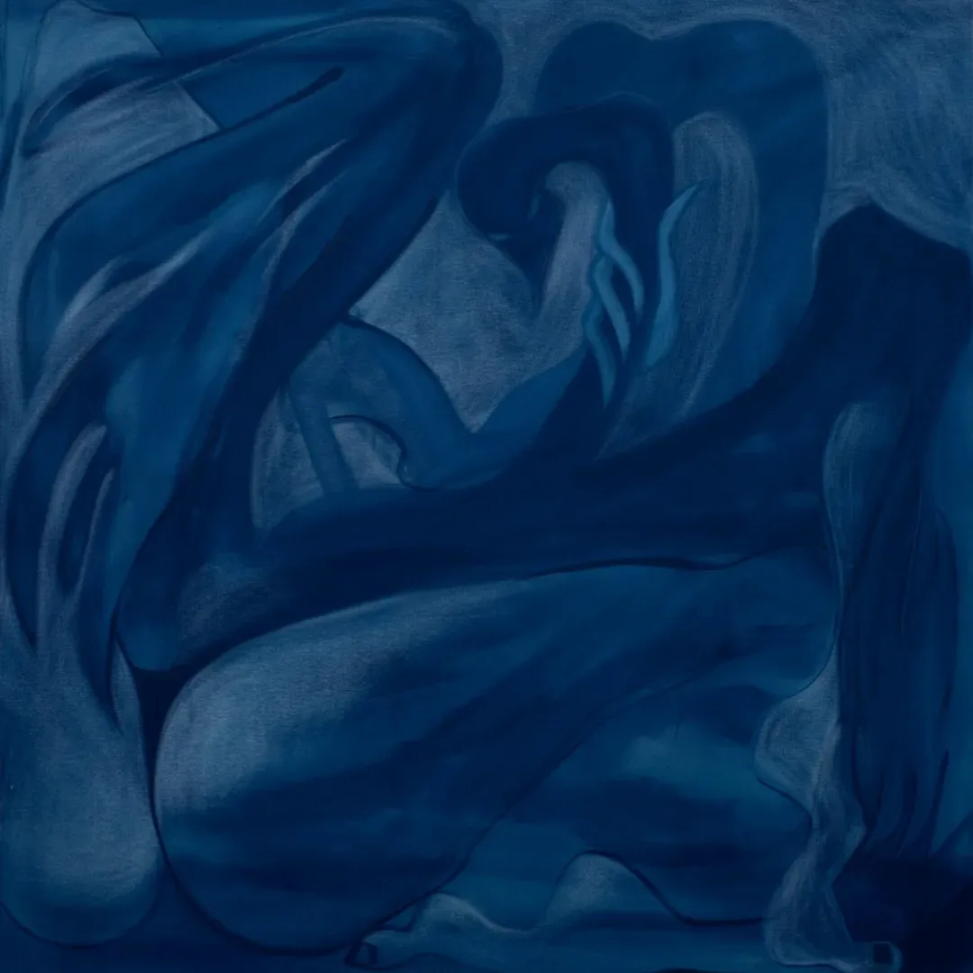 Abstract monochromatic painting in deep blue tones with gestural brushstrokes and overlapping organic forms creating dimensional composition.