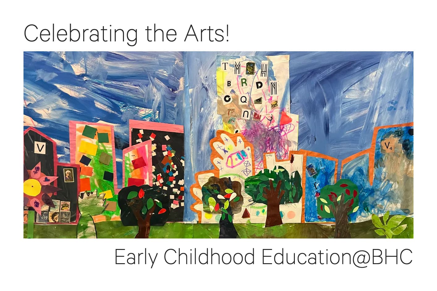 Colorful mixed-media mural depicting stylized buildings, trees, and figures against a blue sky, created by early childhood students at Broadway Housing Communities.