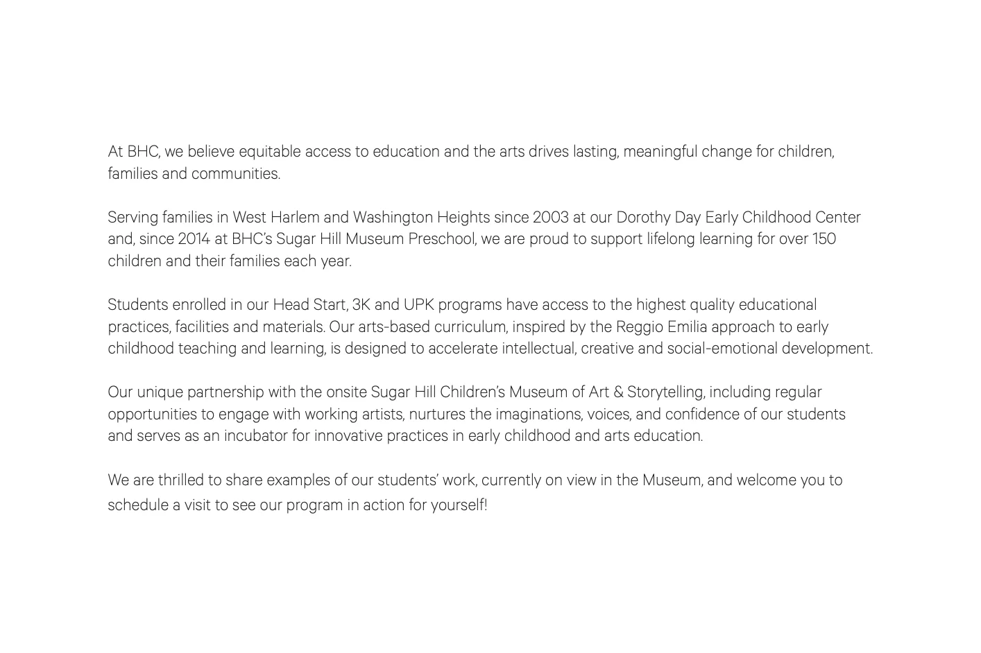 Text-heavy graphic describing Broadway Housing Communities' educational philosophy, programs, and partnership with Sugar Hill Museum, mentioning early childhood arts education.