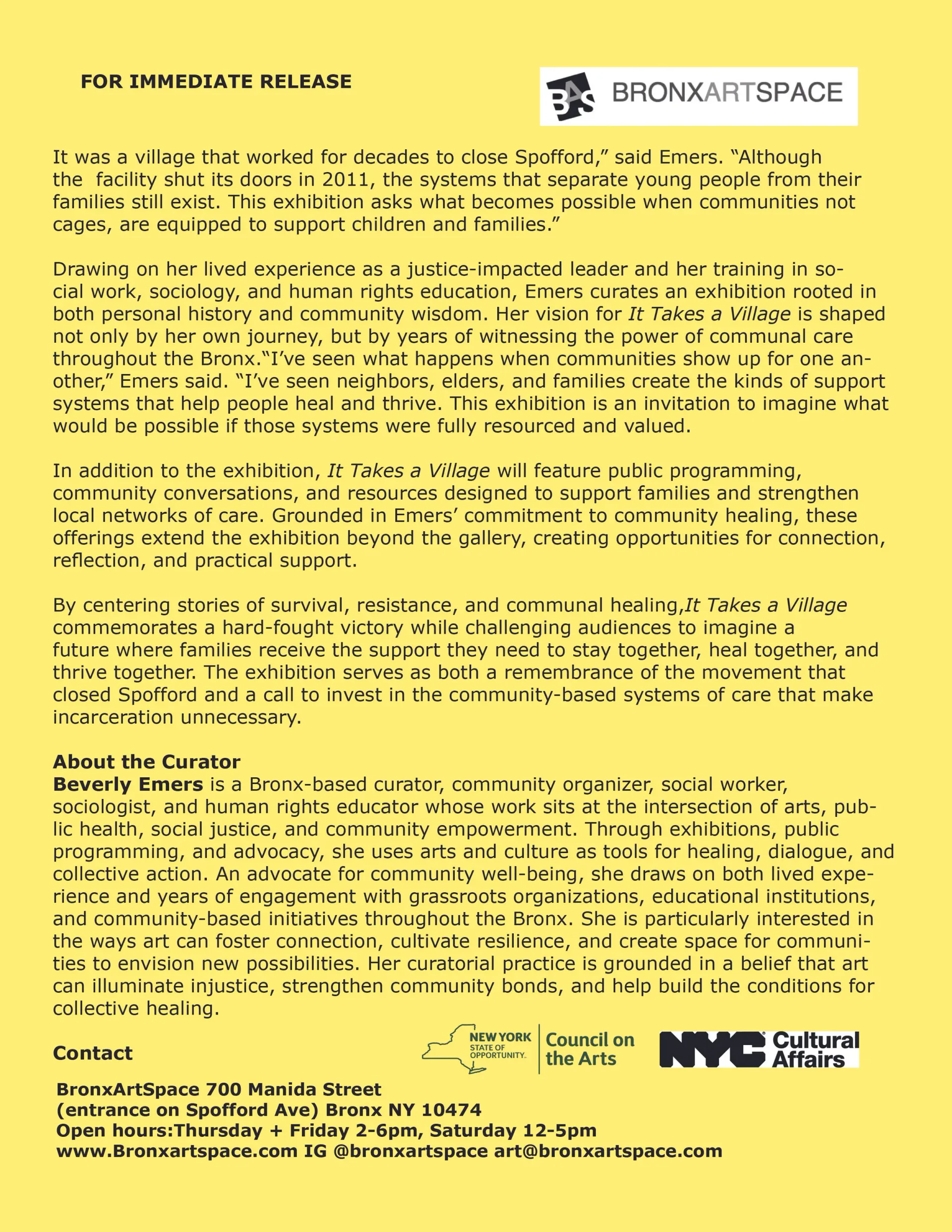 Yellow press release flyer for BronxArtSpace exhibition 'It Takes a Village' by Beverly Emers, featuring black text and logos including NYC Department of Cultural Affairs.