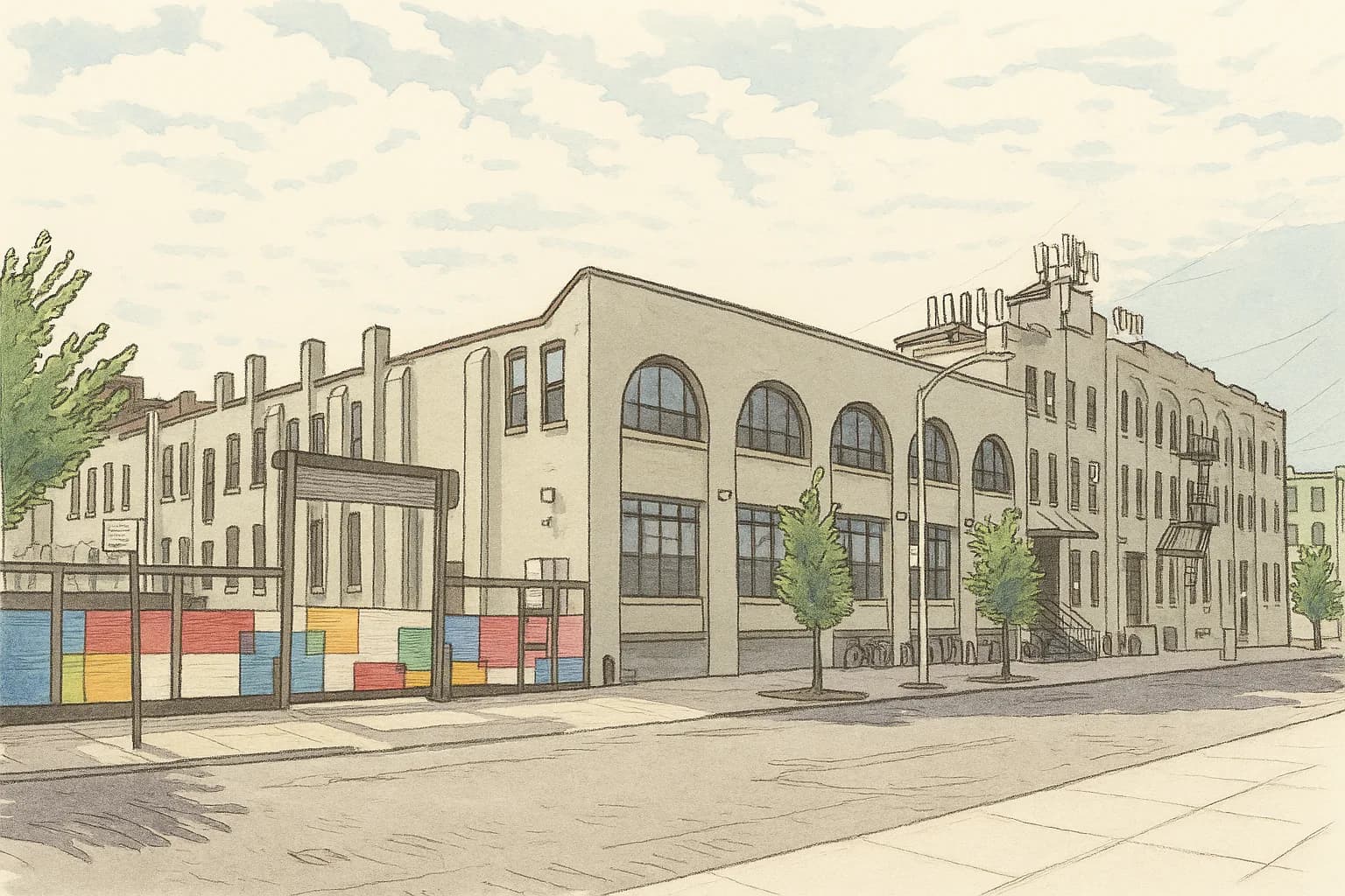 Watercolor architectural rendering of cream-colored industrial building with large arched windows and colorful street-level storefront.