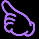 Purple neon-style curved abstract shape or line drawing against white background, resembling a thumbs-up or organic form.