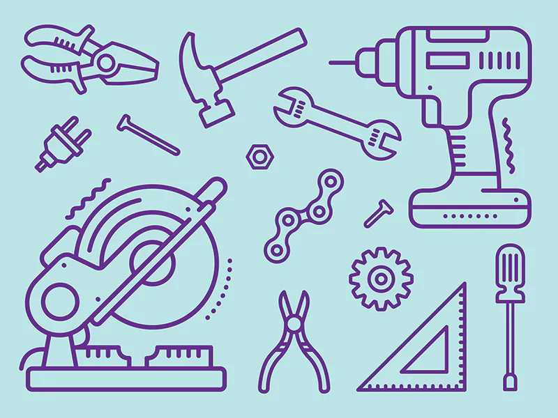 Purple line-drawing icons of DIY and crafting tools including pliers, hammer, drill, saw, wrench, and gears on light blue background.