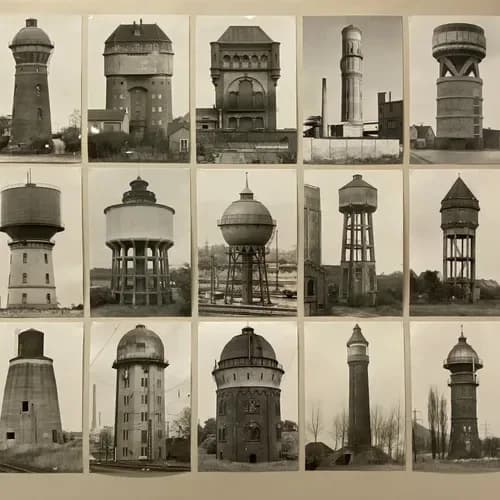 Grid of fifteen black-and-white photographs depicting industrial water towers and storage structures of varying architectural styles and periods.